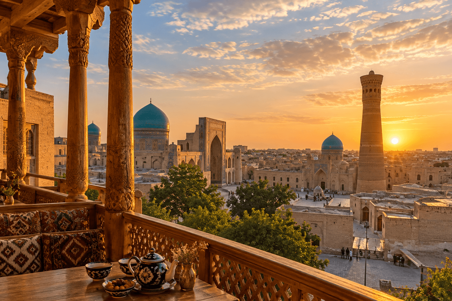 Sunset over an old city of blue domes, madrasa portals and a tall brick minaret, seen from a carved wooden terrace with a teapot and bowls on the table